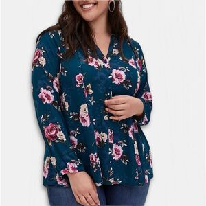 Torrid Harper Teal Floral Long Sleeve Tie Back Blouse Sz OX 1X XXL